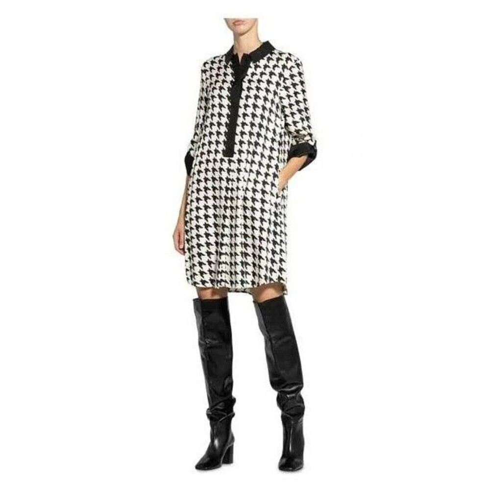 Hobbs London Houndstooth Tunic Dress US 12 Black White Popover Shift Minimalist